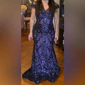 Jovani Purple Gown with V-Neck Flutter Sleeves for Weddings Size 12 New in Box
